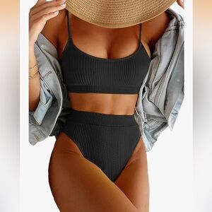 Elegant Black high waisted tummy control Ribbed Bikini Set XS/0210